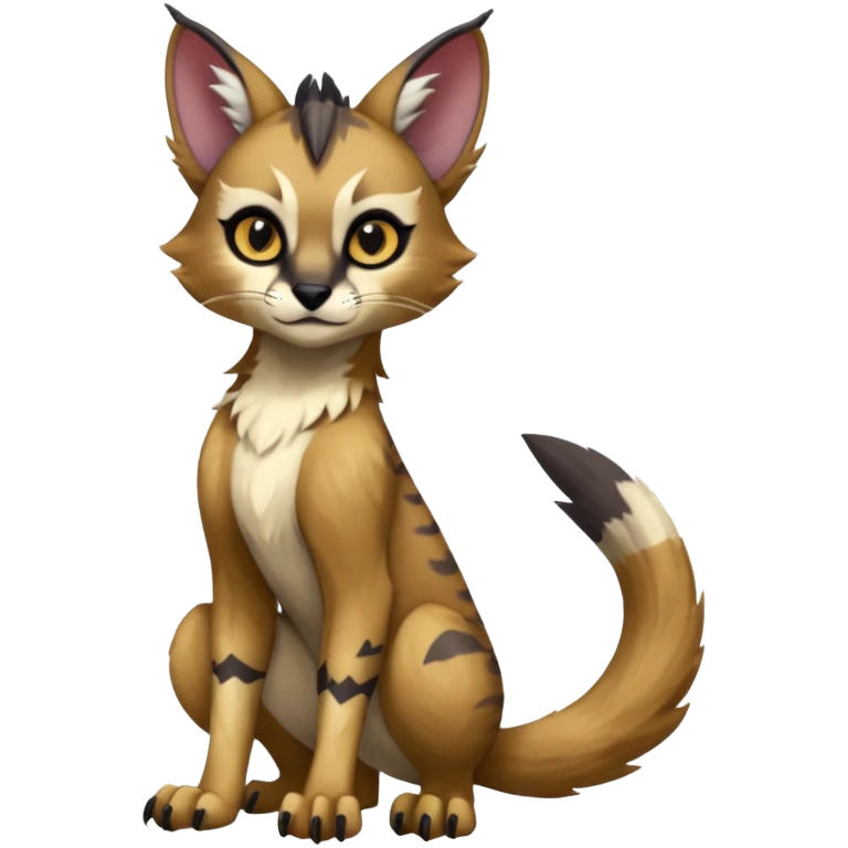Cute kawaii cool edgy badass  fantasy-caracal-civet-genet-sergal-vernid-Gryphon-Cacomistle-Trico-oncilla-animal-Fakémon-hybrid-fursona (full body), facial markings, (realism style) emoji