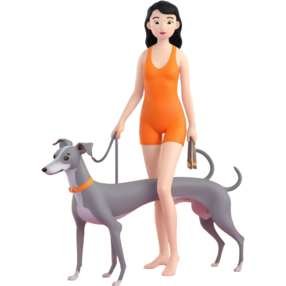 Slim Chinese woman with long black hair in appropriate beach attire at the beach with her completely solid grey Italian greyhound, ocean and sand visible, the dog has absolutely no white markings anywhere emoji