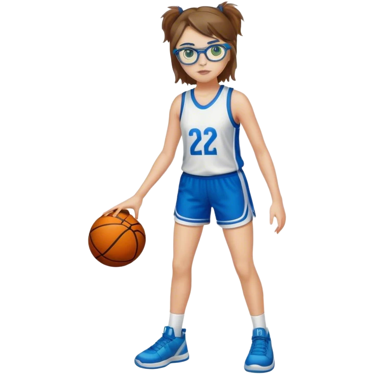Full Body Girl with basketball short brown hair with blond highlights wearing blue glasses with green eyes emoji