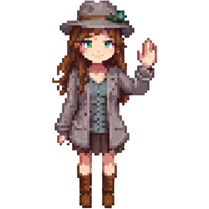 pixel art, girl with brown hair, grey fedora, waving hand emoji