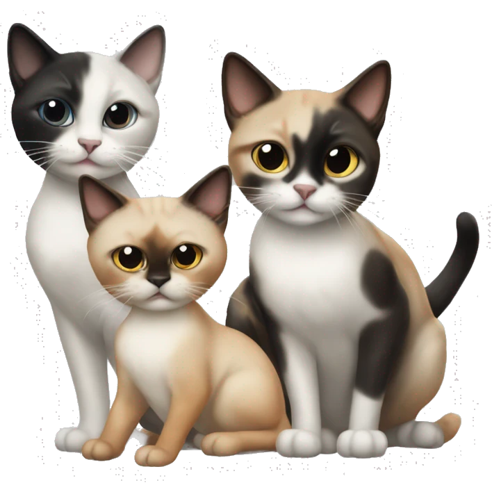 3 cats playing, one Siamese, one black and white and one orange emoji