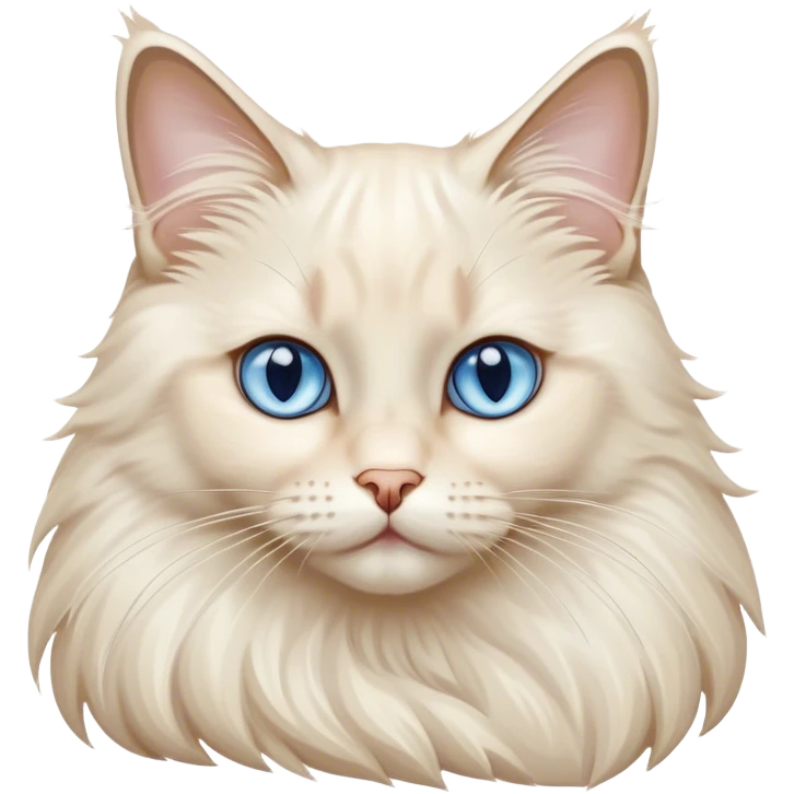 Cinematic Adorable Fluffy Cream Ragdoll Cat Portrait Emoji, Head tilted gracefully with soft, sparkling blue eyes, silky cream-colored fur with subtle darker points on the ears, face, and paws, Simplified yet noble features, highly detailed, glowing with a warm and gentle radiance, high shine, affectionate and poised, stylized with an air of elegance, bright and endearing, soft glowing outline, capturing the essence of a majestic and loving kitty, so dignified it feels like it could spring into action at any moment with grace! emoji