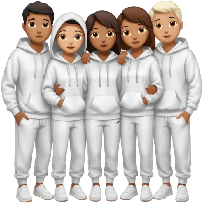 four mixed race friends all wearing white oversized hoodies with the all of the hoods up, white sweatpants, and white slides huddled together hugging emoji