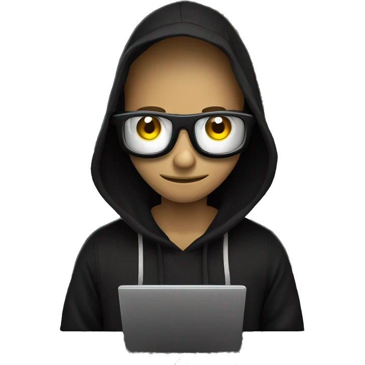 Hacker mexendo com o computador com capuz preto e olhos brancos no fundo preto emoji