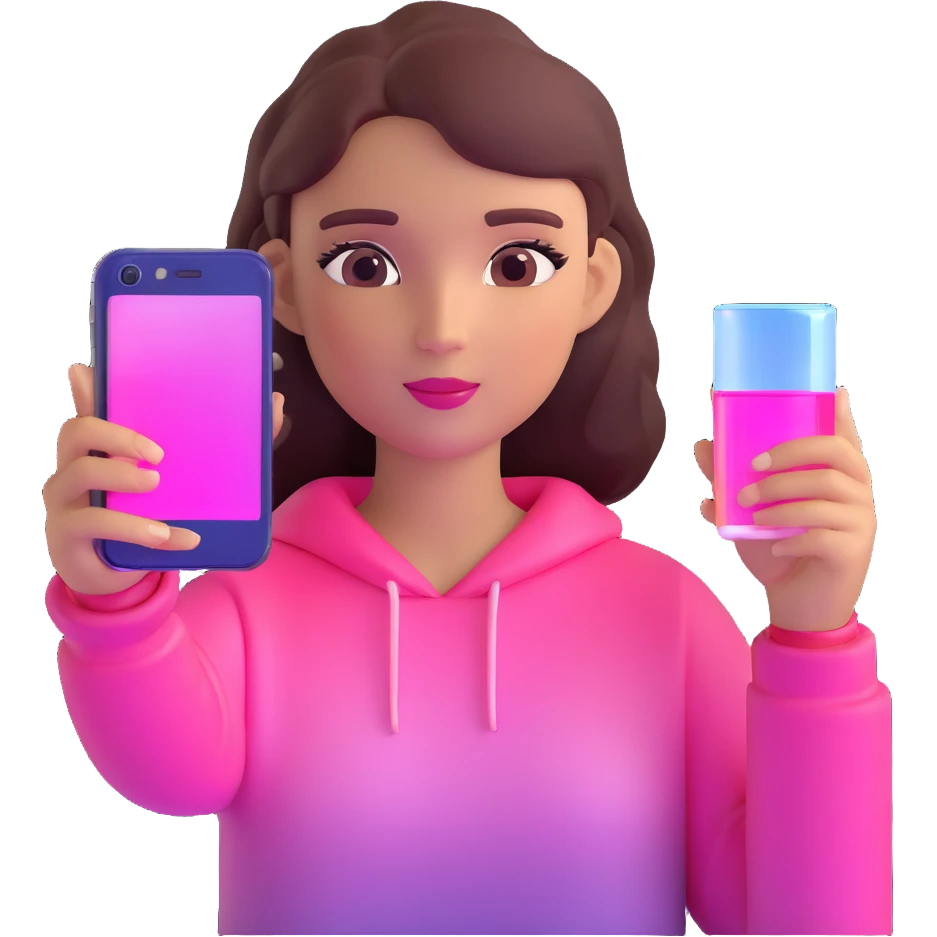 girl taking selfie, transparent glass with bright pink gradient from #FF335F to #FF99AA, highlights and reflections, minimalistic emoji
