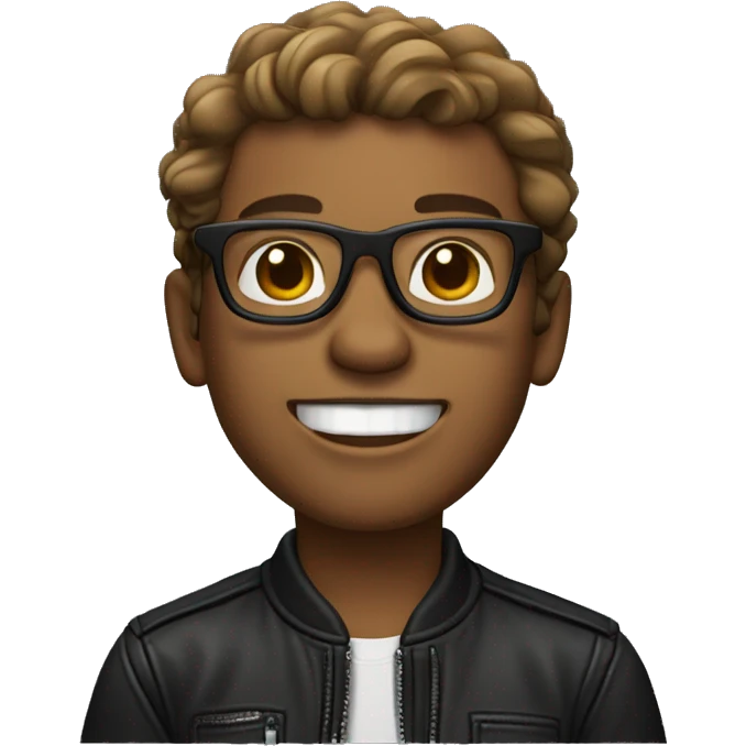 programmer, with light brown skin, square glasses, wavy hair, wearing a black leather jacket and smiling (show teeth.) emoji