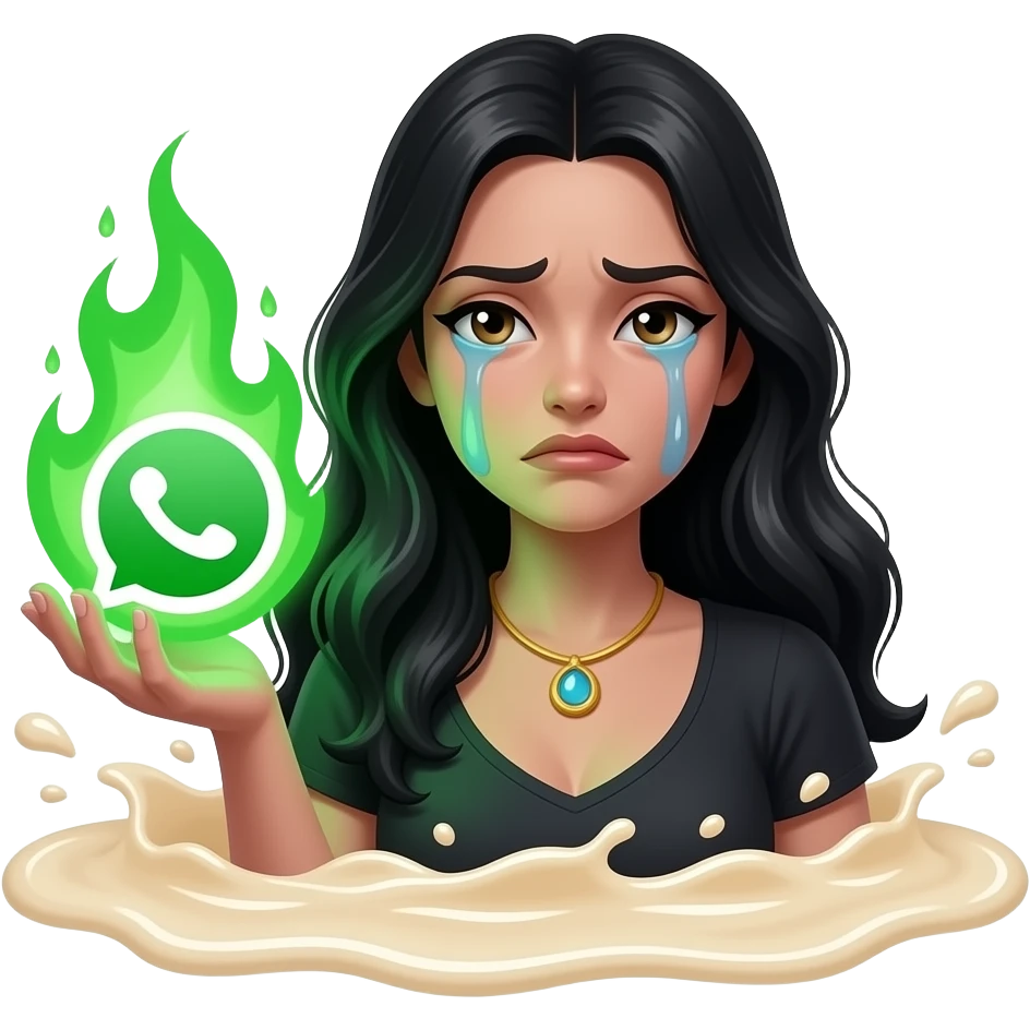 A dark sorcerer’s evil woman is crying expression, she is hand holding a WhatsApp logo burning with green magical flames, liquid creams, text below: 'HAVE YOU MOVED HERE?', cinematic lighting, high-contrast emoji, disgusting, dead, valley of head bones in background emoji
