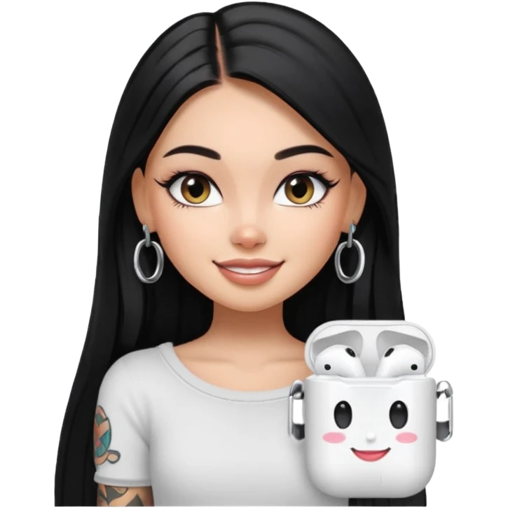 generate a pretty bratz girl with black long straight hair and airpods on, tattoo on shoulder, eyeliner on emoji