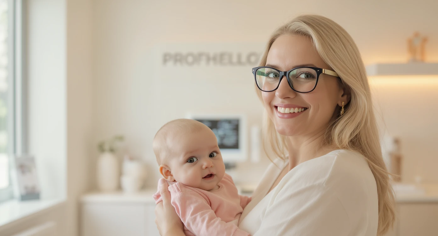 Cinematic still, Proffesional advertising of a smiling european white woman with glasses smiling holding baby, minimalistic ophthalmologist interior in background, leading  lines, "rule of thirds", 60/30/10 colors, soft light, warm colors, bokeh light in background emoji