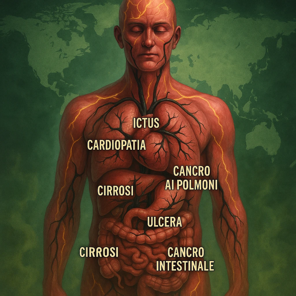semi-realistic, allegorical human figure with visible organs, black parasites branch to organs, each organ labeled with the disease name in Italian, world map, glowing fissures, green mist emoji