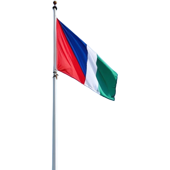 Een rechthoekige vlag bestaande uit vier verticale banen in de kleuren blauw - wit - groen - rood, waarvan de lengten zich verhouden als 1:1:1:6. en de kleuren gaan van links naar rechts. en de vlag m oet recht em plat. emoji