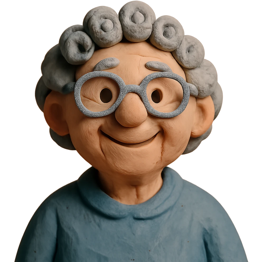 claymation style smiling elderly Caucasian woman, grey curly hair, glasses emoji