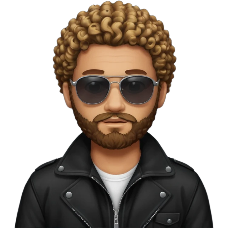 biker gang with black sunglass and rugged and bulky guy bearded curly hair black jacket one gay emoji