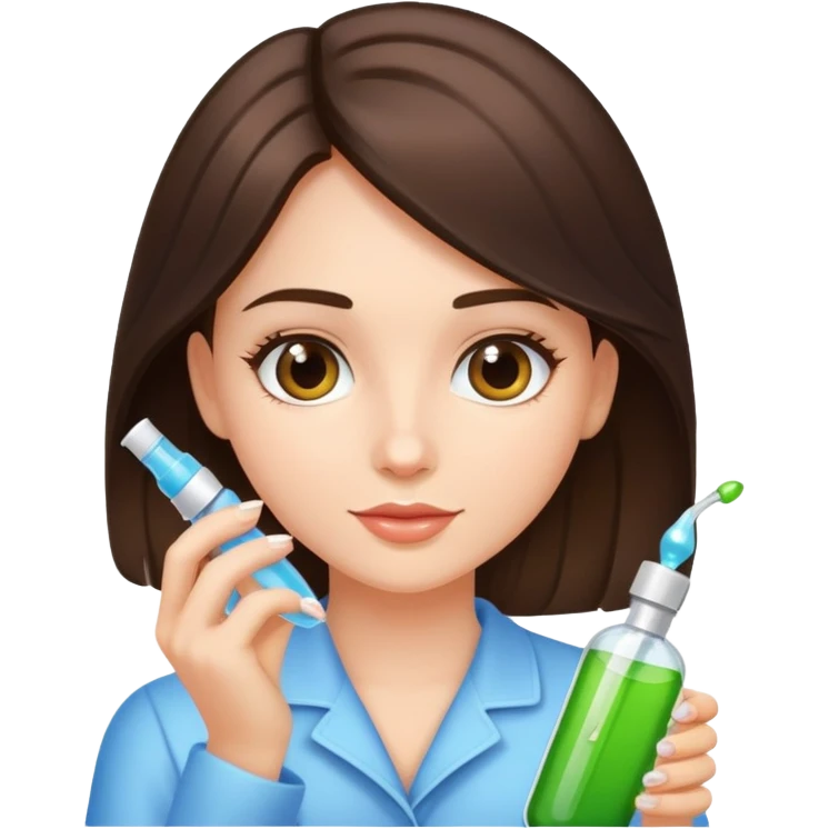 A  brunette girl with a dropper bottle in her hand with a glow skin and shiny healthy hair  emoji