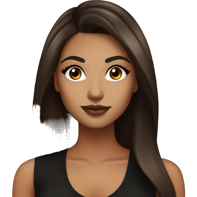 Tan girl with brown eyes and dark brown long hair with lashes holding espresso martini. Wearing makeup and black top emoji