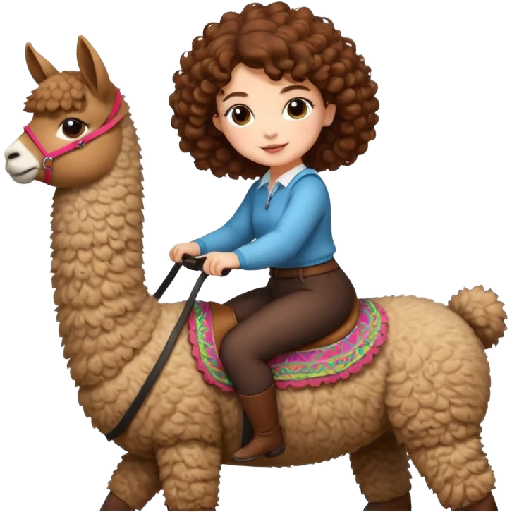 cute woman short tight curly brown hair riding an alpaca emoji