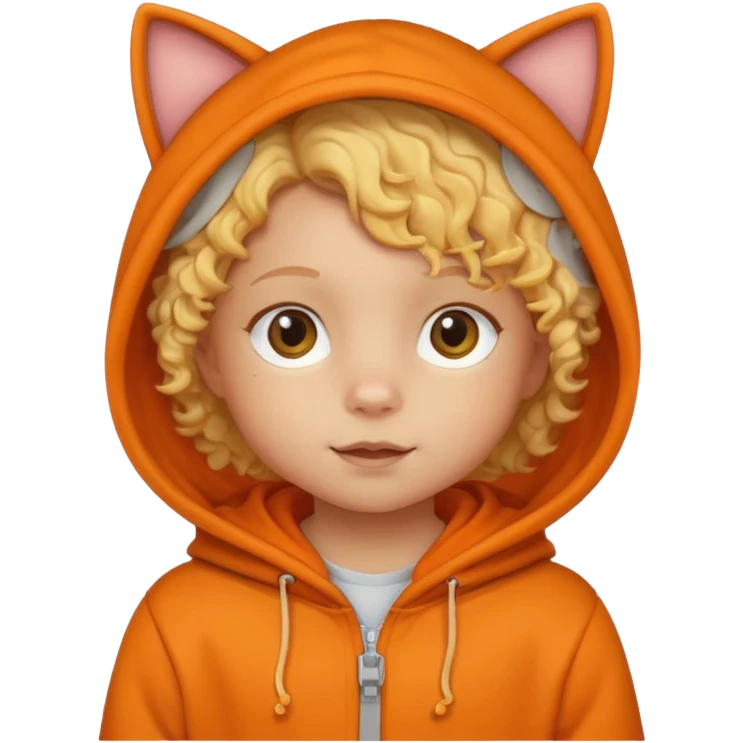 little kid Toddler in orange cat hoodie, curly blonde hair emoji