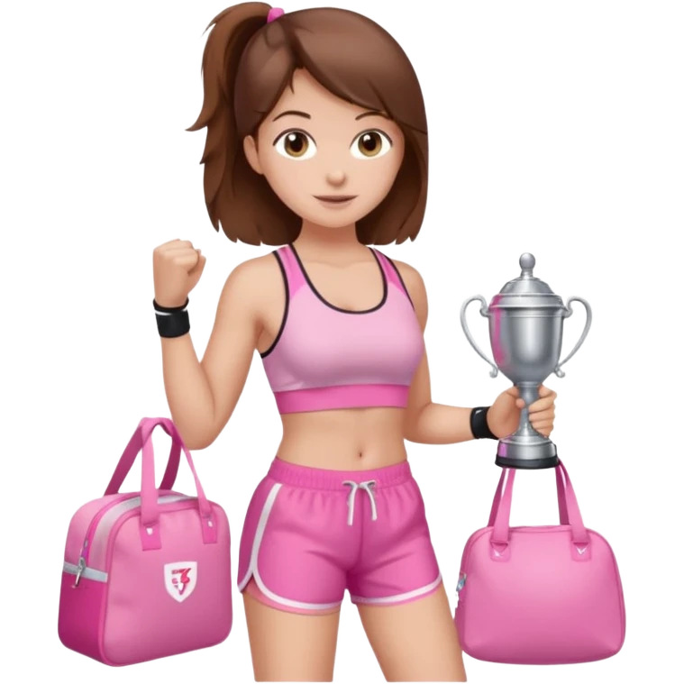 Brown hair girl wearing a pink gym set, shorts and gym bra have her holding a Stanley cup and CUTE pink gym bag  emoji