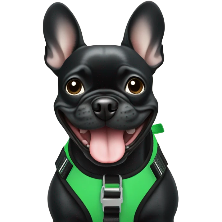 Black frenchie smiling in green harness emoji