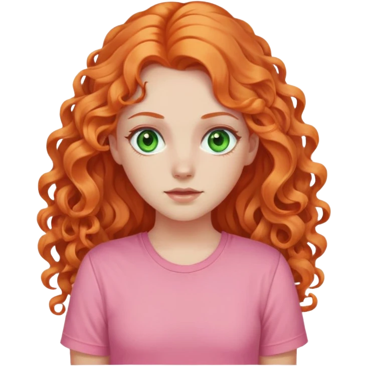 white pale girl with long curly orange hair, green eyes, pink shirt emoji