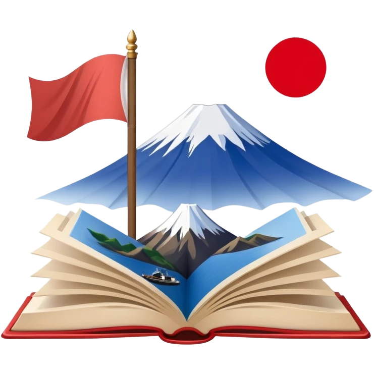 An icon featuring Mount Fuji and the flag of Japan, symbolizing the Japanese language. The design includes an open book with Japanese kanji characters and a traditional Japanese fan, representing language learning and cultural heritage. Transparent background . emoji