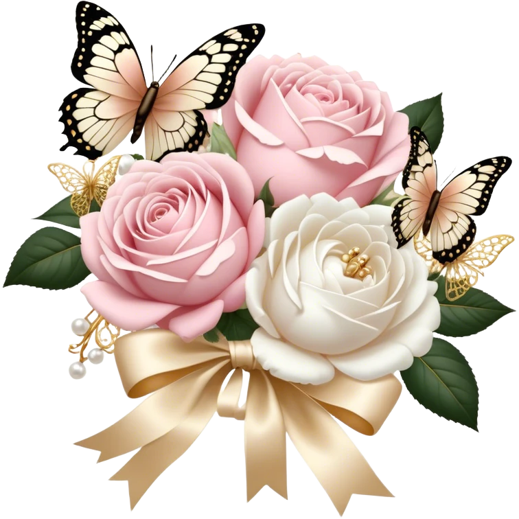 A vintage-inspired wedding bouquet of blush pink roses and fluffy white peonies, tied with an intricate ivory satin ribbon, surrounded by golden filigree accents and soft-focus pearl butterflies fluttering around. emoji