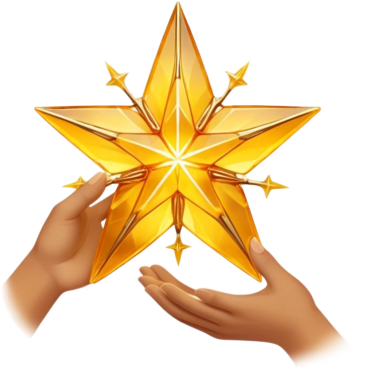 A radiant yellow dream star emerges, carefully being built by hands connecting delicate strands of golden thread and translucent panels of glowing amber glass incomplete emoji