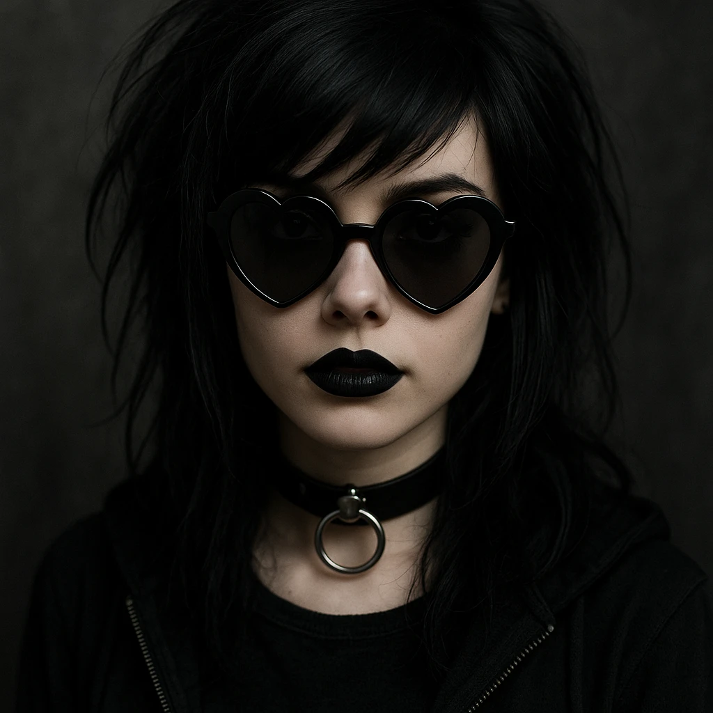 emo girl with heart-shaped sunglasses, dark hair, mysterious vibe emoji