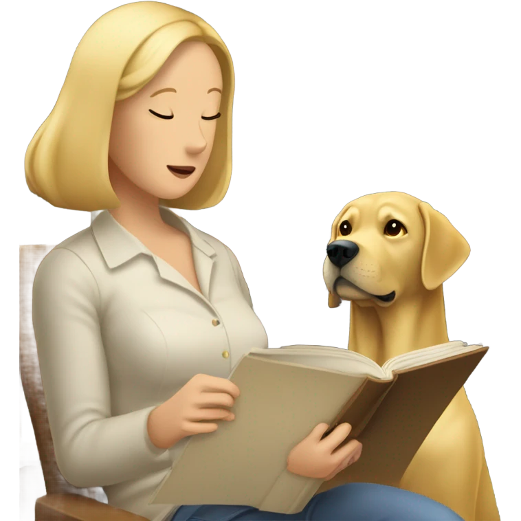 Golden lab reading a book but woman blocking the words emoji