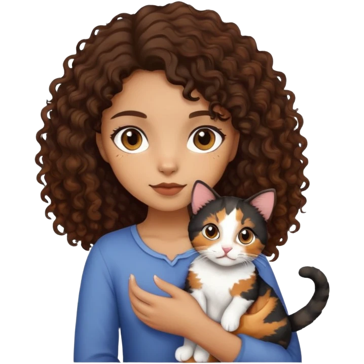 Light brown skin, dark curly hair, girl holding calico cat emoji