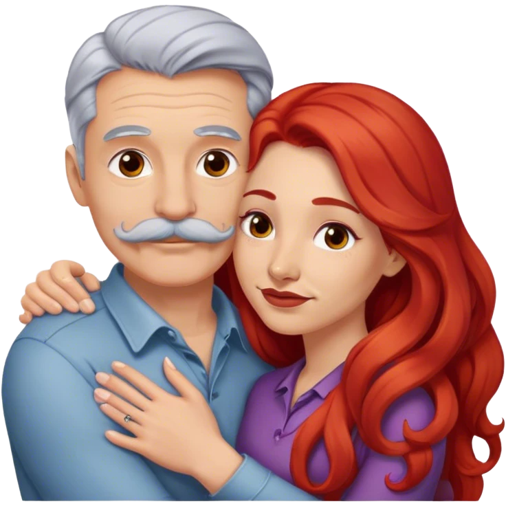 Long red hair woman and young gray hair man with mustache hugging emoji
