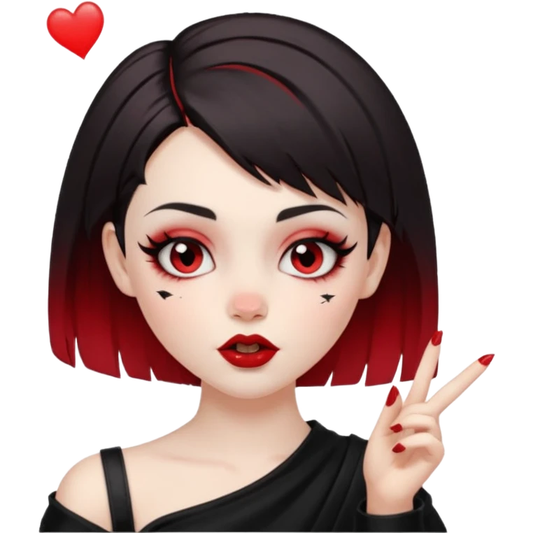 A girl with goth makeup and short hair( dark brown and bottom of hair red) winking and blowing kiss while raising one shoulder.  emoji