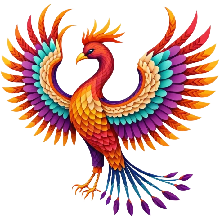 String art icon, large colorful phoenix bird in frontal view, intricate geometric patterns with threads, vibrant colors, minimalistic style, clean lines, transparent background. emoji