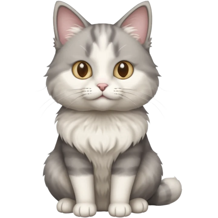a realistic looking very fluffy grey and white cat sitting up straight emoji