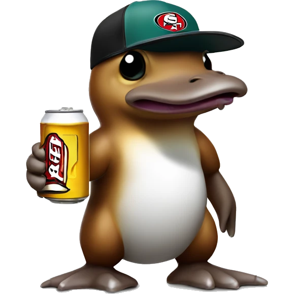 cartoon platypus in a white 49ers cap holding a beer can emoji
