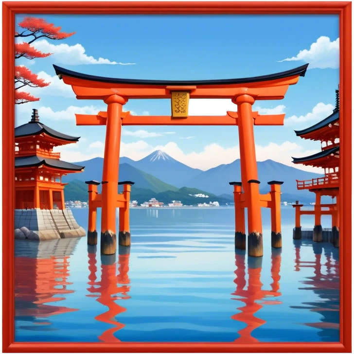 ​Cinematic Realistic Itsukushima Shrine, depicted as the iconic floating torii gate and shrine complex on the water, with vibrant vermilion hues contrasting against the serene blue sea and sky, rendered with intricate architectural details and soft, ethereal lighting that captures its spiritual beauty, emoji