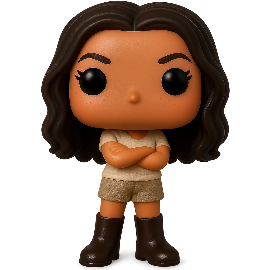 Enhance the quality of the image with smooth tanned skin and a healthy glow, dark hair with subtle auburn highlights, even darker leather boots, textured clothing (cream top, greige bottom), arms crossed, rosy cheekbones, very subtle freckles, no neck visible, eyebrows with a mischievous and playful expression, no mouth, transparent background. Maintain the original style and details from the reference image. emoji
