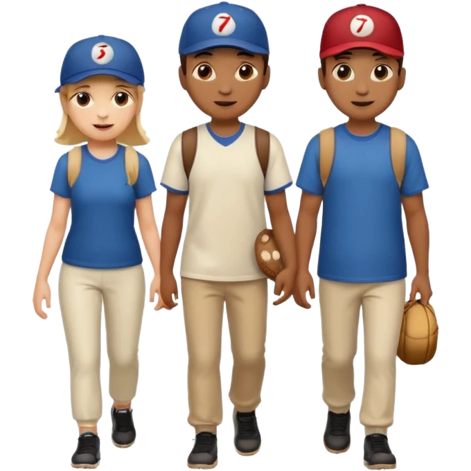 iOS emoji style. 2 adult friends and a young teenager wearing a baseball hat walking and talking.  emoji