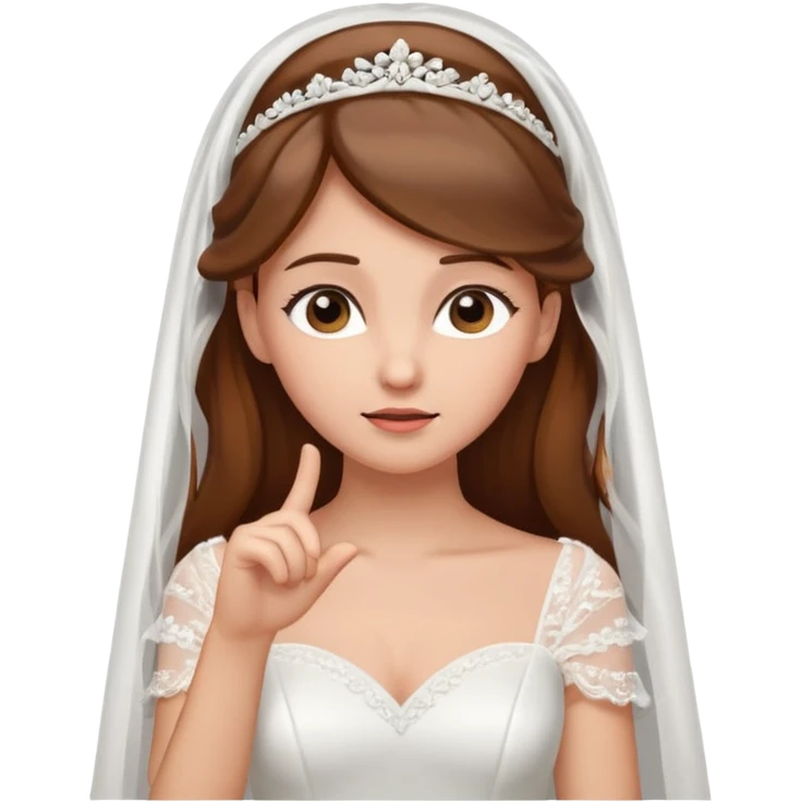 brown-haired bride in a white wedding dress and veil, curious expression, pointing to her head with her index finger, cute emoji style. emoji