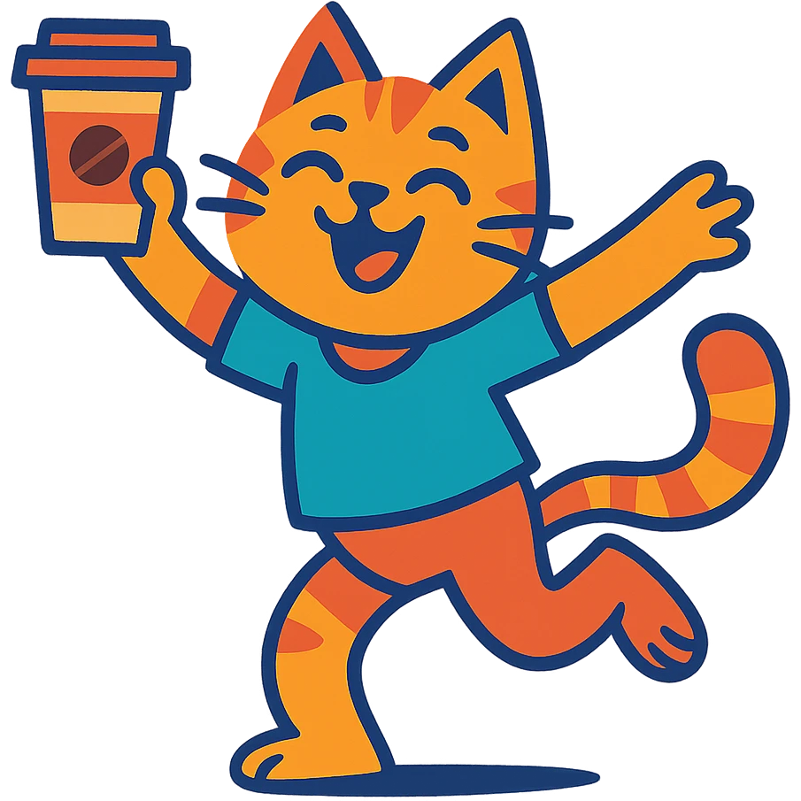 expressive illustration of a dancing cat holding a coffee, vivid colors emoji