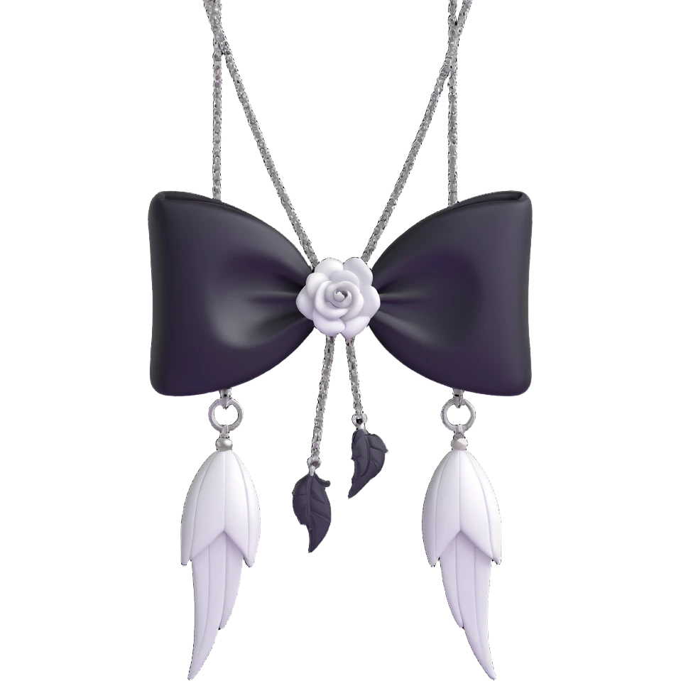 3D emoji gothic bow, white leather, silver chain fringe, black rose center emoji
