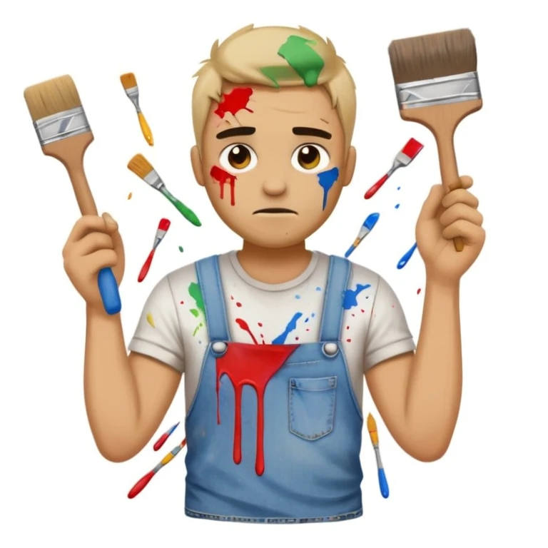 bewildered house painter emoji wearing torn jeans and stained t-shirt, holding a broken paintbrush, paint splatters on face and arms, messy room background emoji