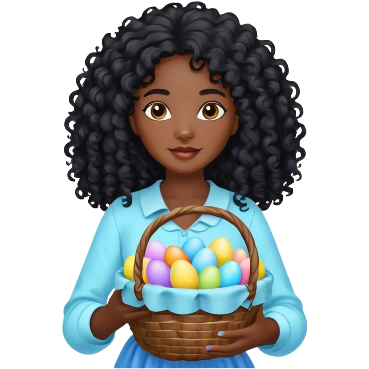 Easter long curly black hair and black skin woman with a light blue basket with eggs on it emoji