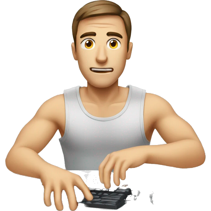 A guy typing keyboard with stress face at front camera and sweating emoji