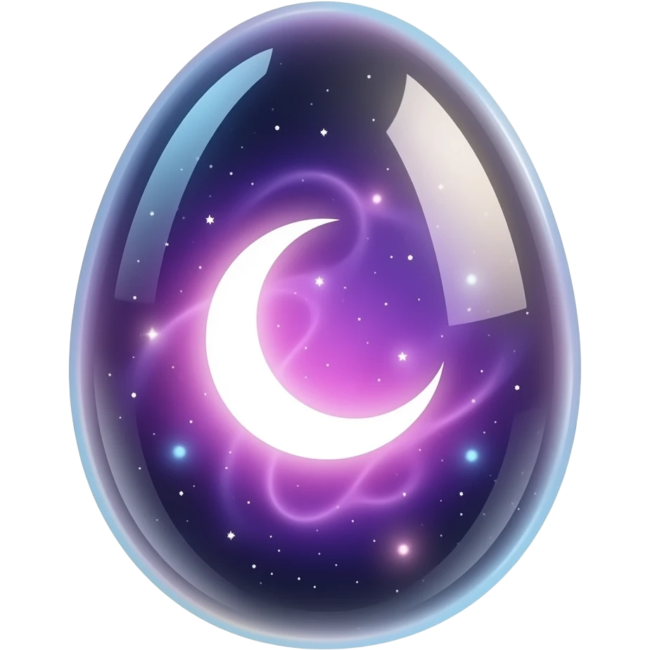 transparent glowing cosmic egg with no visible shell, fully see‑through, containing a swirling purple‑pink nebula and a luminous crecent moon, floating multicolored light orbs inside, isolated object, transparent background emoji