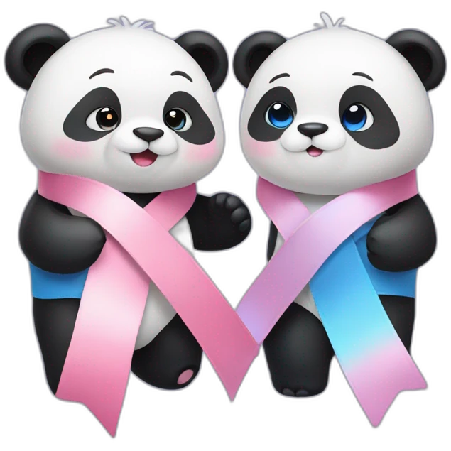 Male panda blue ribbon, female panda pink ribbon, hug emoji