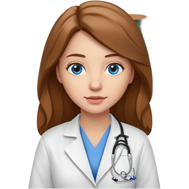 inside a classroom at university, a pretty female nursing student with long brown hair, blue eyes emoji