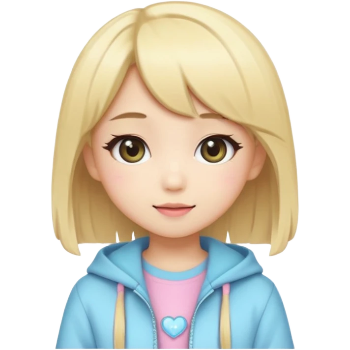Cute kawaii emoji-style Japanese K-pop girl, blonde hair, trendy K-pop outfit with Japanese cute fashion vibes, big sparkling eyes, chibi proportions, clean lineart, pastel colors, cheerful idol smile, sticker/emoji style, transparent background emoji