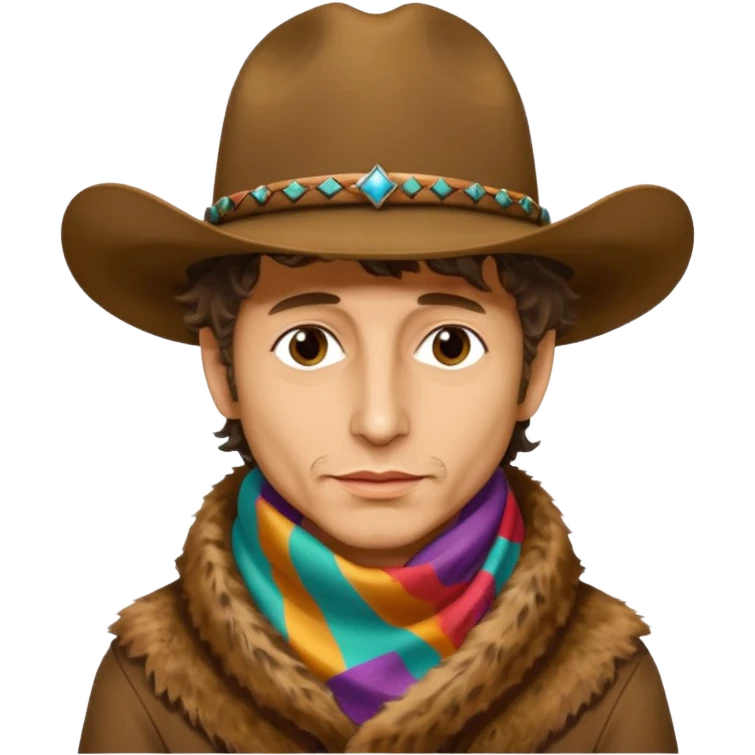 realistic cinematic Bob Dylan profile portrait with dirty cowboy hat on head and colorful silk scarf around neck, fur coat - Desire album cover emoji