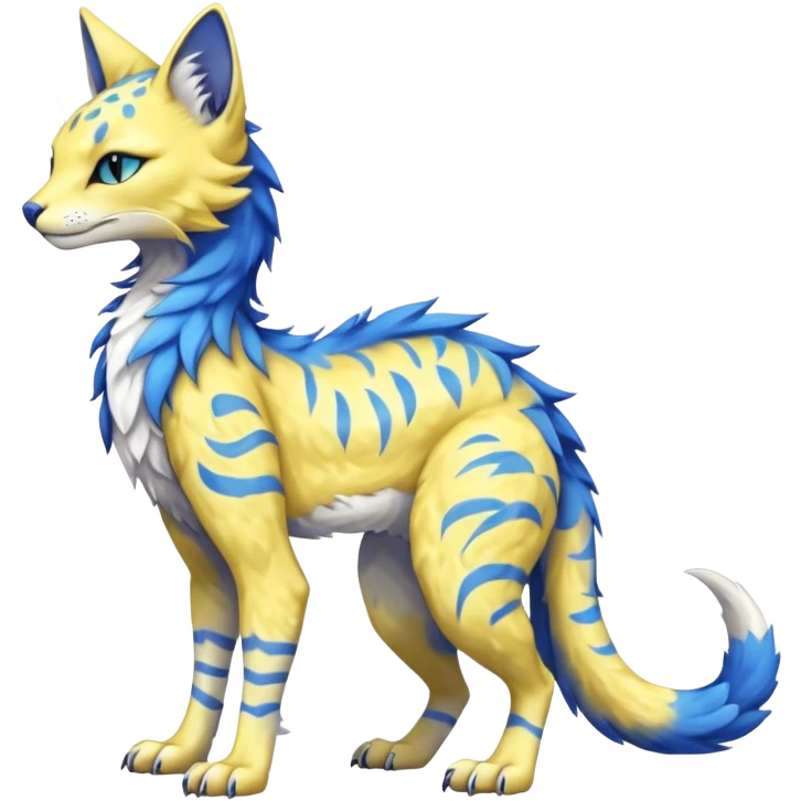 Kawaii yellow and blue beautiful pretty elegant divine edgy fantasy feline-vernid-sergal-fursona animal creature with a tufted tail full body with intricate markings  emoji